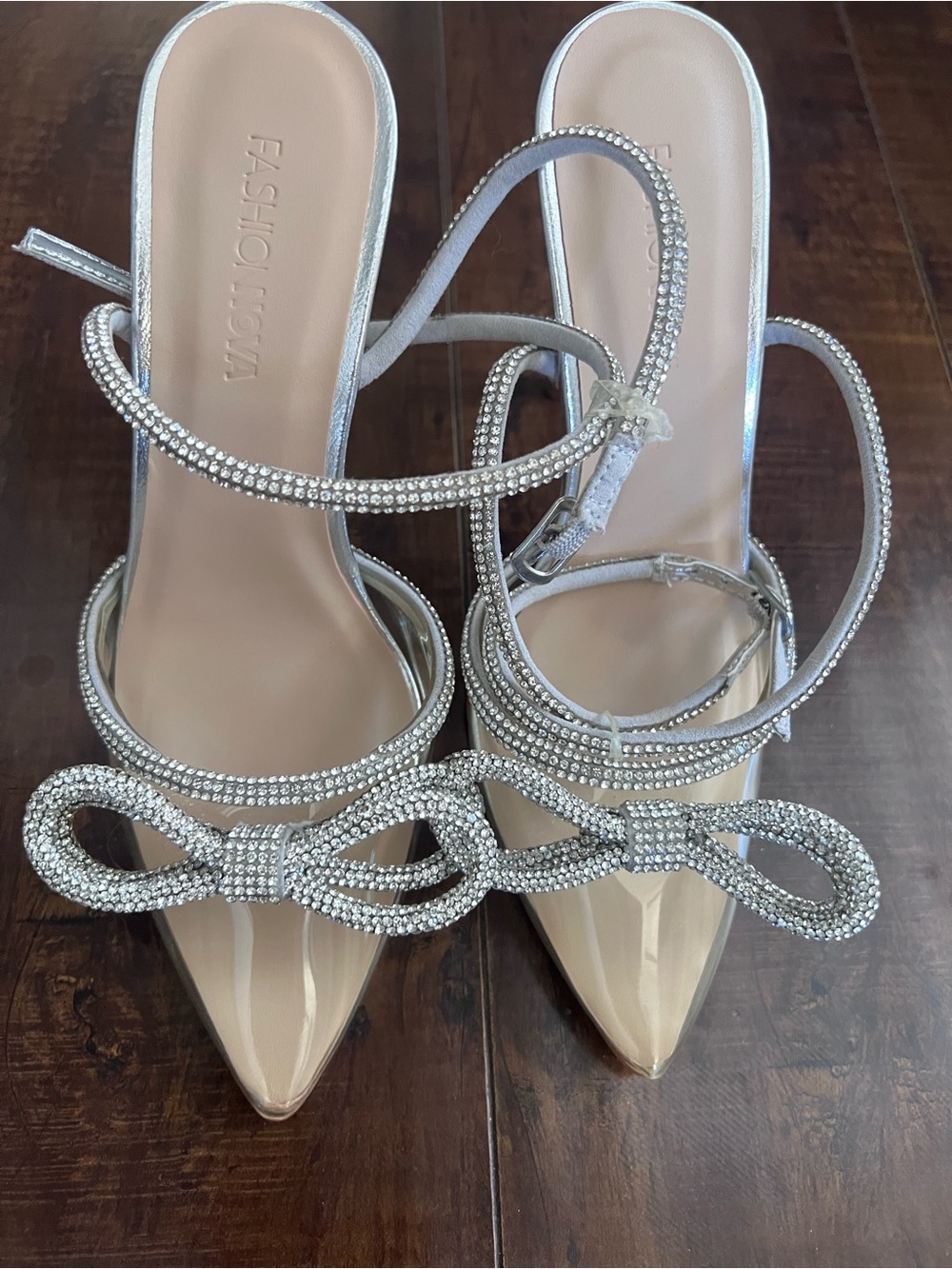 Fashion Nova Silver Crystal Bow Pointed-Toe Slingback Heels